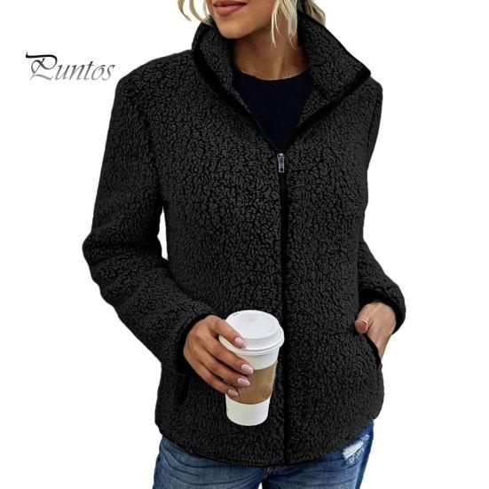 Winter Jacket Stand Collar Long Sleeves Pockets Zipper Closure Fluffy Coat Cardigan Women Autumn Solid Color Plush Streetwear