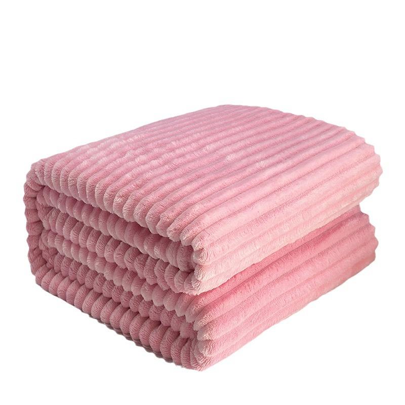 Thickened Flannel Striped Velvet Blanket, Plain Color Coral Fleece