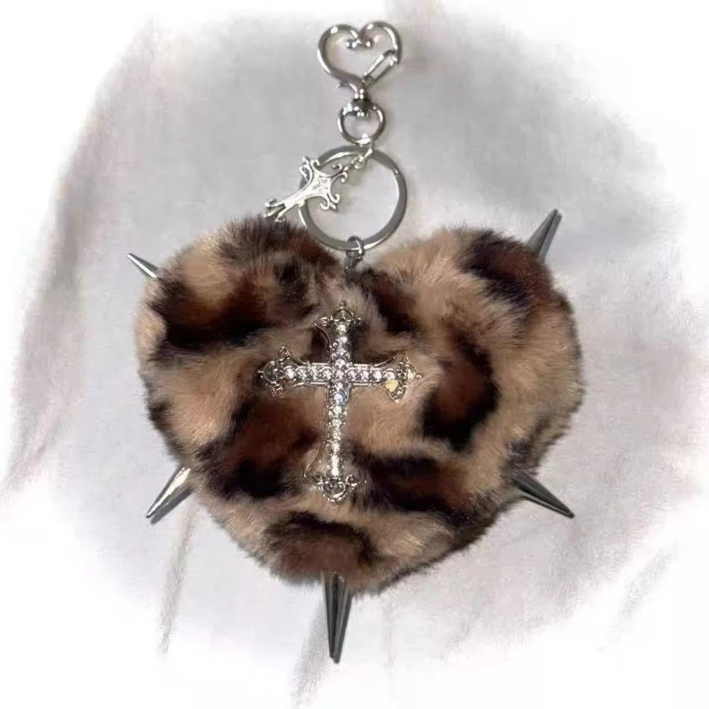 Bag Decoration Rivet Cross Keychain Rock Heart Punk Jewelry Leopard Print Keyring Jewelry Gift