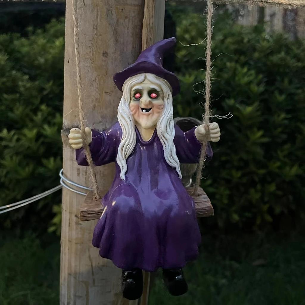 Ghost and Witch Pendant Set: Black-Clad Ghost Swing, White-Clad Ghost with Cat, Purple-Clad Witch for Courtyard & Garden Decor