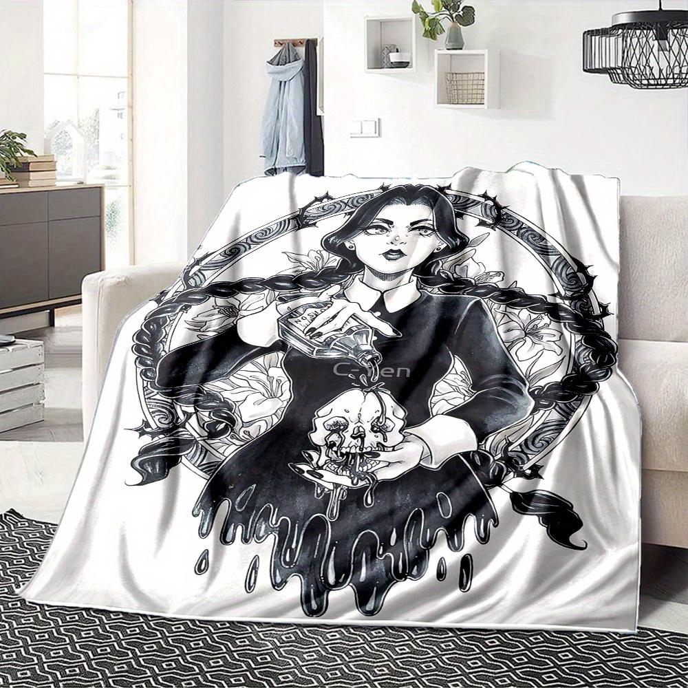 1pc Flannel Blanket, Gothic,Wednesday,Skull Pattern Printed Blanket, Sofa Bed Sofa Car Office Camping Travel Warm And Comfortable Soft Blank