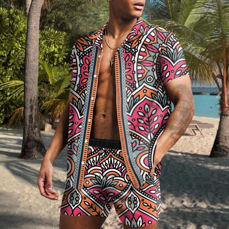 

Летняя мужская повседневная свободная рубашка с цифровым принтом, пляжный комплект, рубашка и шорты, мужские 4XL