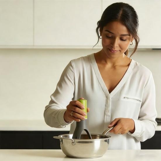 Automatisk omrörare för matlagning 3 hastighetsinställningar Äggvisp med värmebeständiga paddlar Handsfree Förhindrar bränning & fastbränning Risotto-omrörare