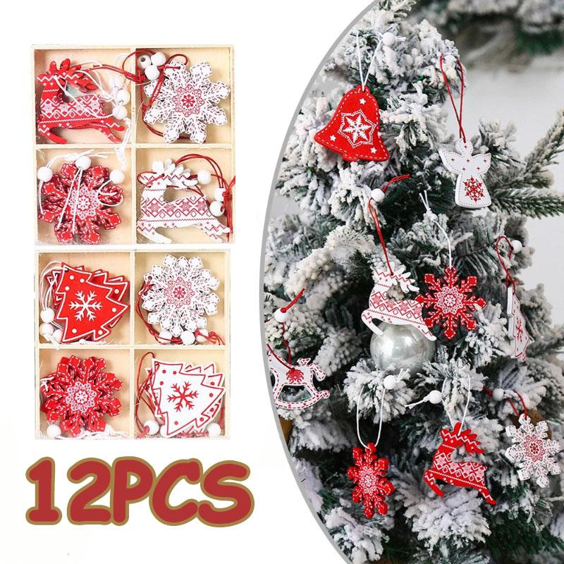12 Pcs Christmas Wooden Pendant Decoration Holiday Elk Snowflake Star Chrimbo Tree Hanging Ornaments Home DIY Decors