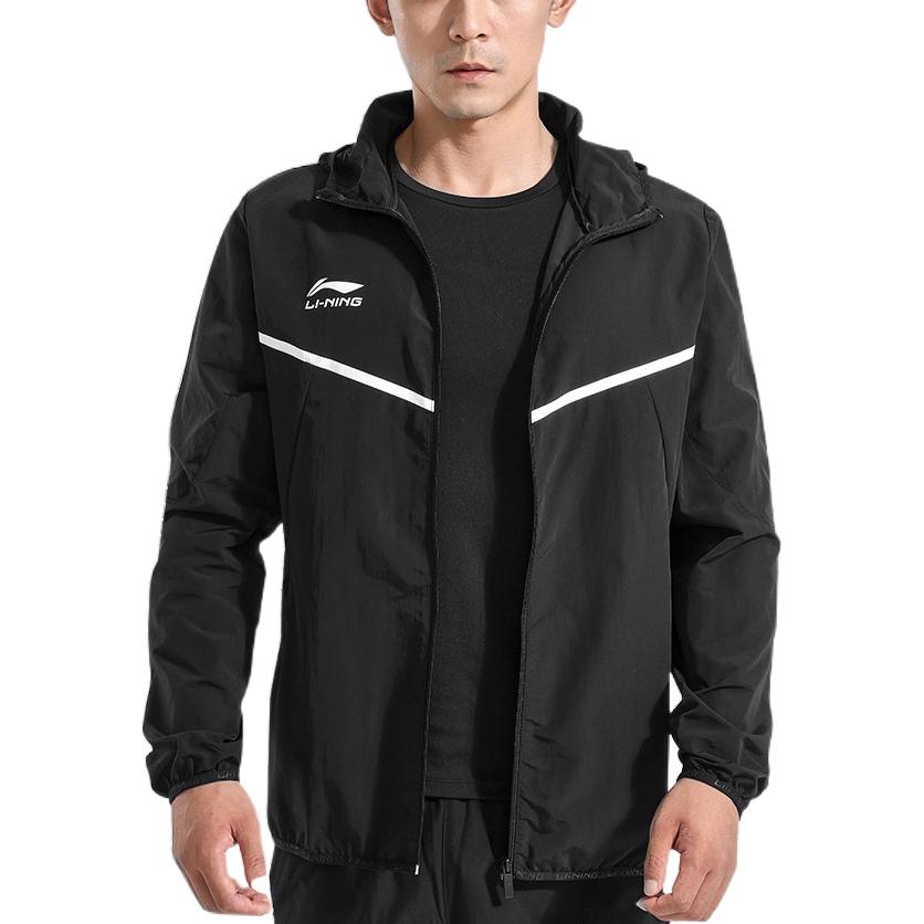 Li-Ning Solid Color Logo Print Zip-Up Hooded Jacket Men Jackets Black AFDR301-3
