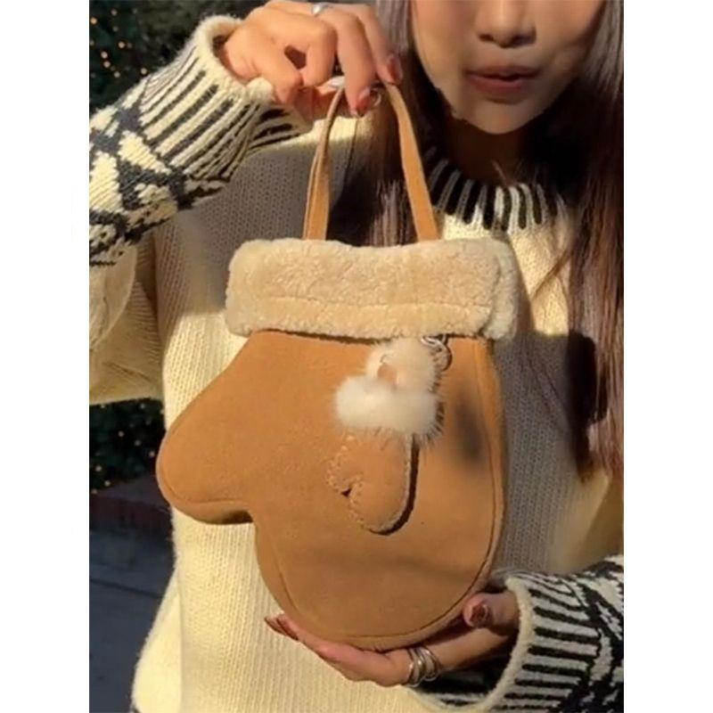 

JIAERDI Glove Shape Cute Fashion Crossbody Bag Women Faux Suede Funny Shoulder Bag With Pendant Ladies 2025 Winter New Handbags 22x26x7cm хаки