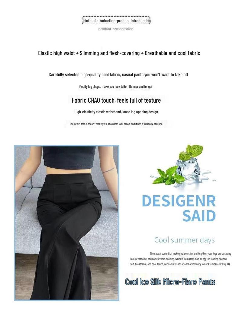 Women's High Waist Flared Black Pants - Slimming, Elastic, Split Hem, Casual - Small Size for Petite Figures, Summer Wear