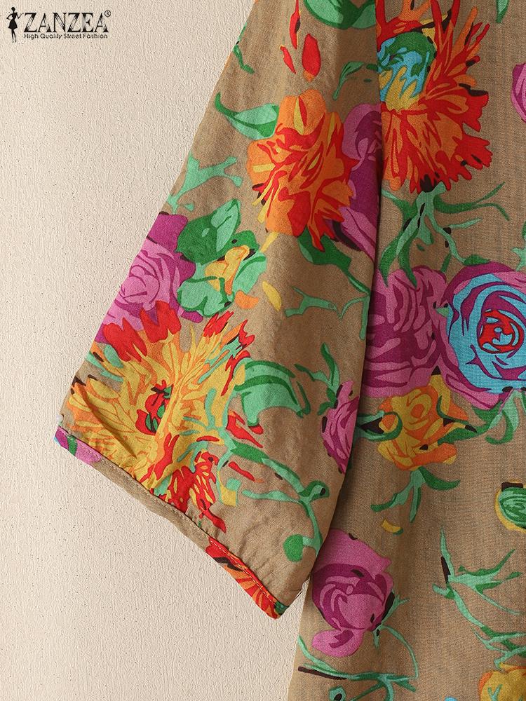 ZANZEA Damen Lässige Rundhals 3/4-Ärmel Bluse mit Blumendruck