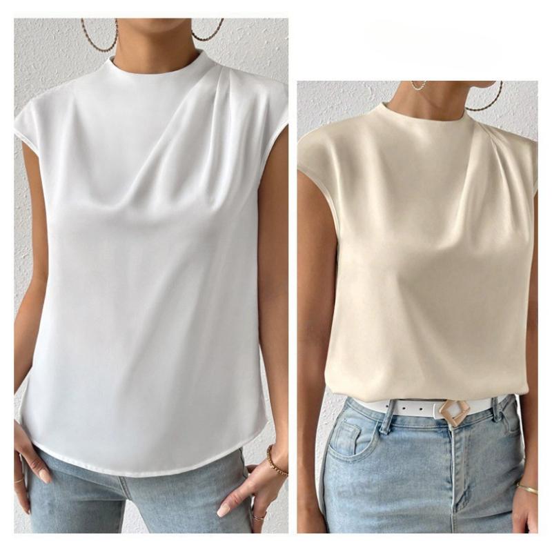 Fashion Loose Sleeveless Base Casual Shirts for Women Summer Tops Elegant Solid Stand Collar Loose Women Blouses Slim Simple Office Ladies Shirt 26395