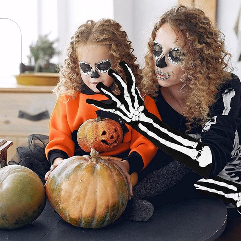 Halloween Skeleton Gloves Short Long Full Finger Bone Print Mittens Dress Party Costume Accessories for Women Men