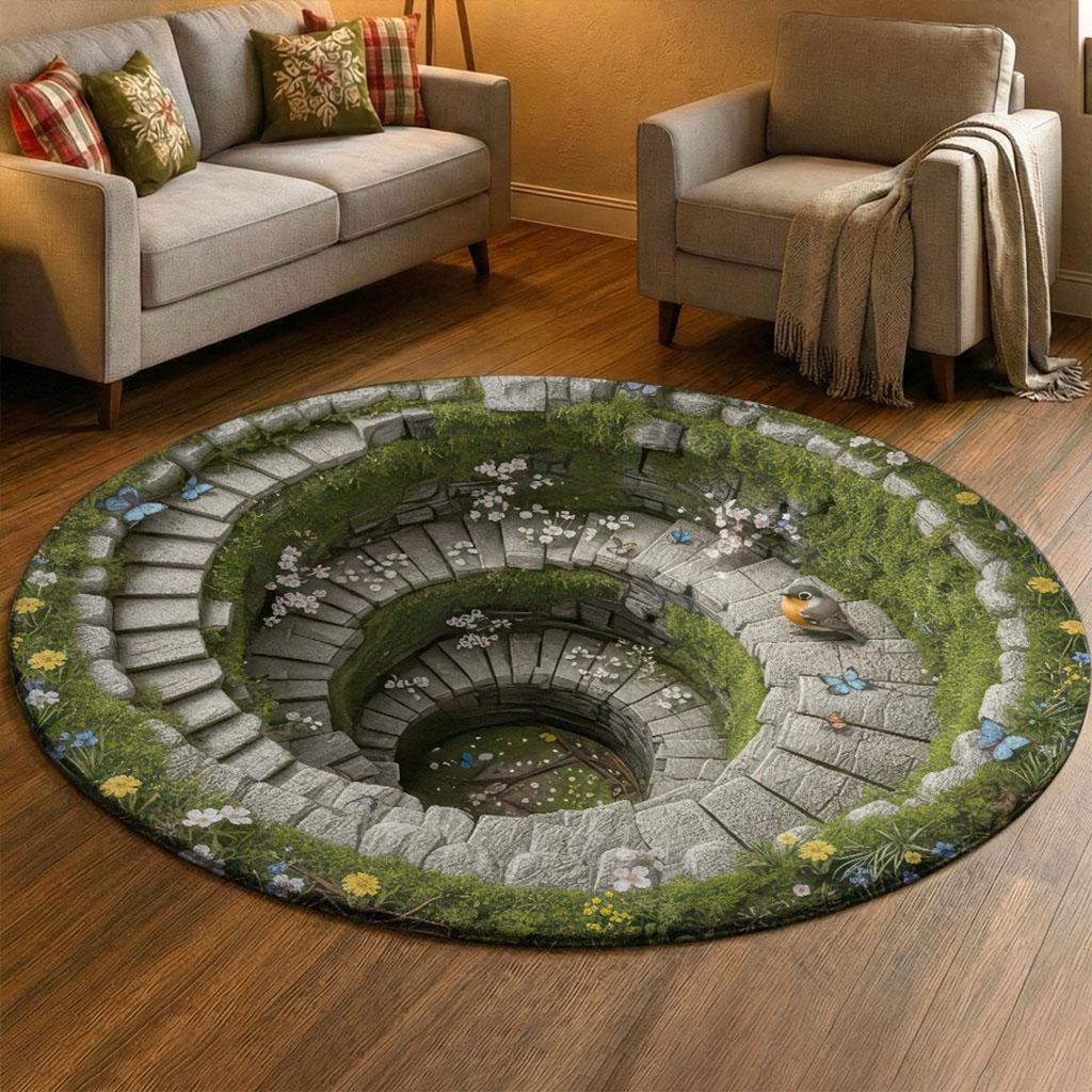 Visual Hole Round Carpet Spring Flower Bird Plant Anti Slip Door Mat Living Room Bedroom Kitchen Decoration Carpet