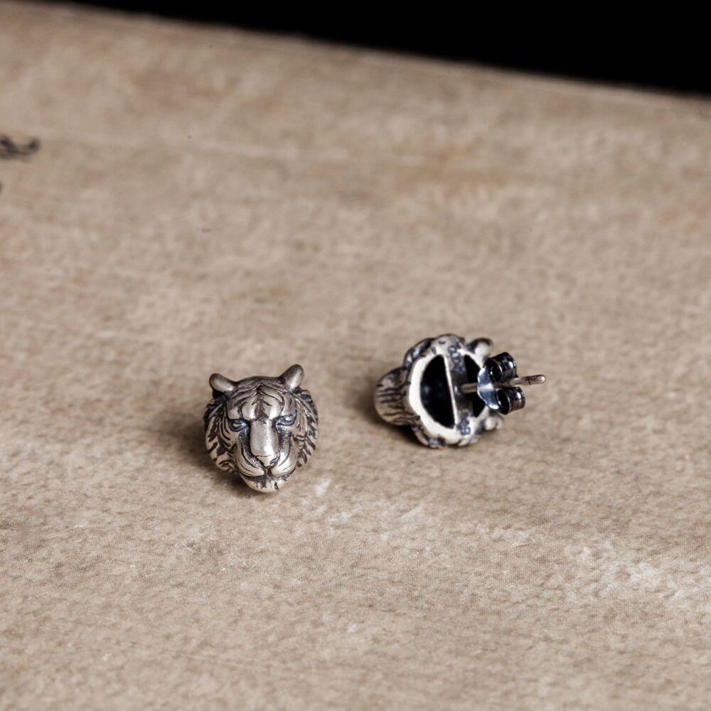 New Creative Punk Three-dimensional Tiger 925 Sterling Silver Jewelry Domineering King Of The Forest Animal Earrings TYB630