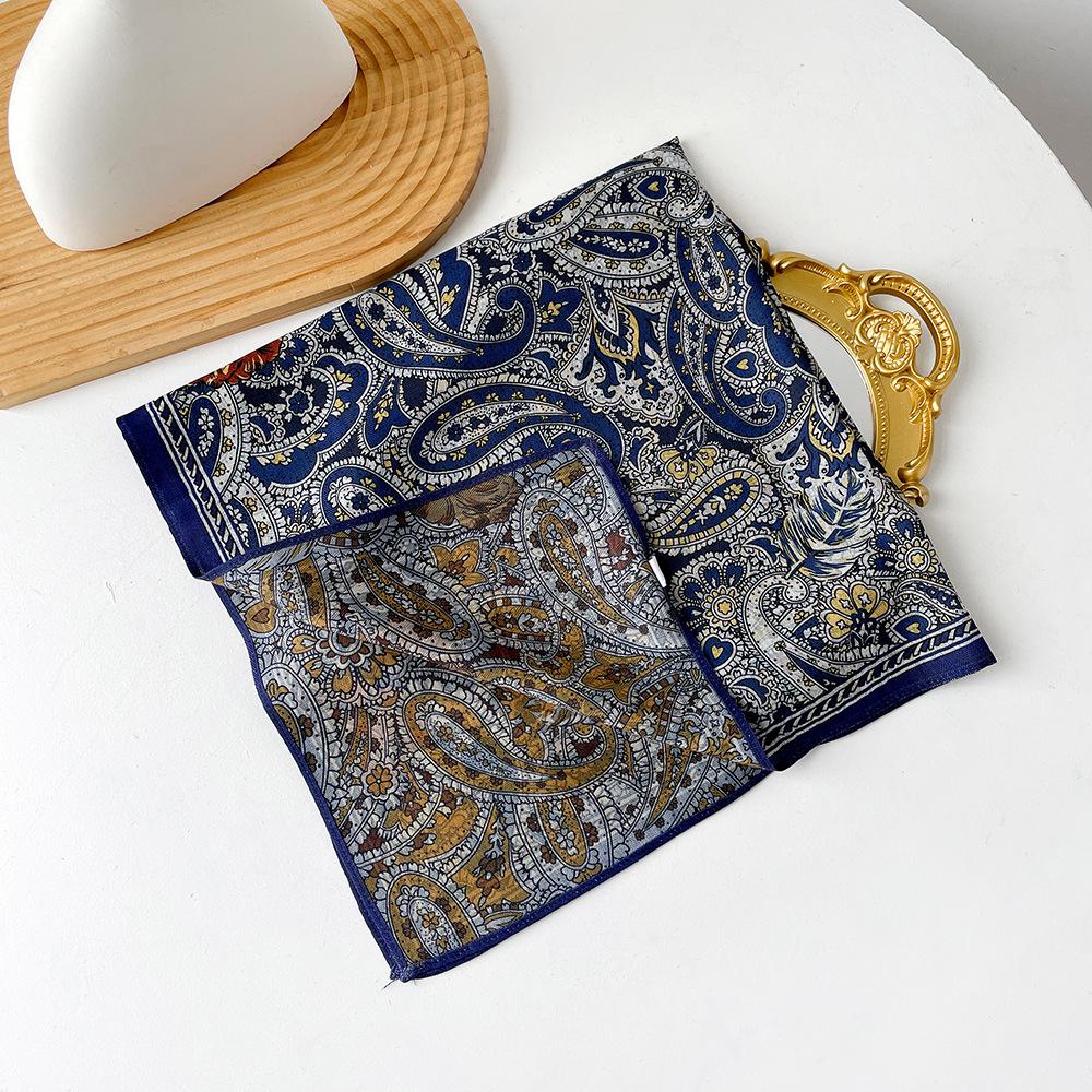Retro Flower Silk Scarf Autumn and Winter Temperament Elegant Scarf Herringbone Silk Scarf Double-sided Literary Square Scarf Cotton and Linen Square