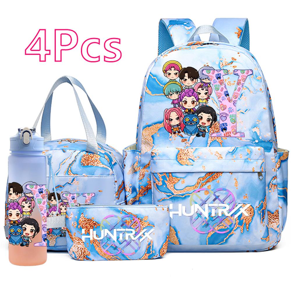 4Pcs/set Anime K-Pop Printed Backpack Handbag Pencil Case with 750Ml Water Bottler for Teenager Boy Girl Schoolbag Large Capacity Bookbag Kid Gift
