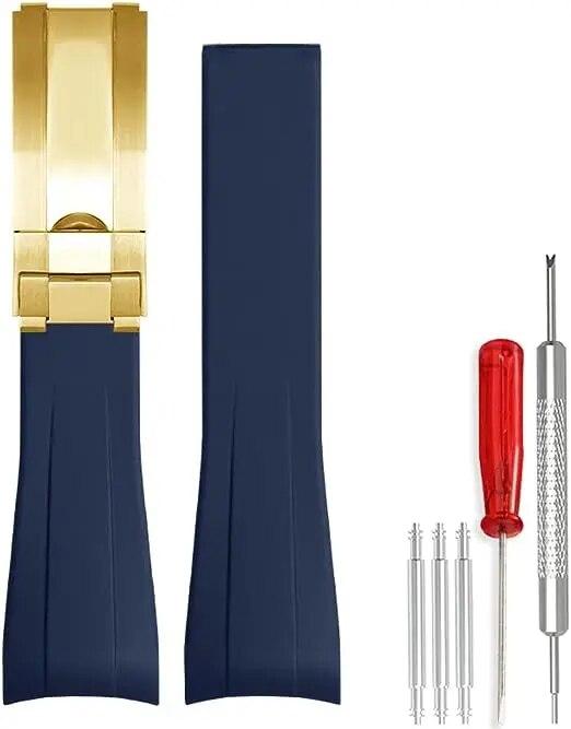 

20 мм 21 мм Резиновый ремешок для часов для Rolex Submariner DAYTONA GMT Yacht-Master Силиконовый ремешок Черный ремешок для часов Браслет Blue gold buckle 20mm with logo