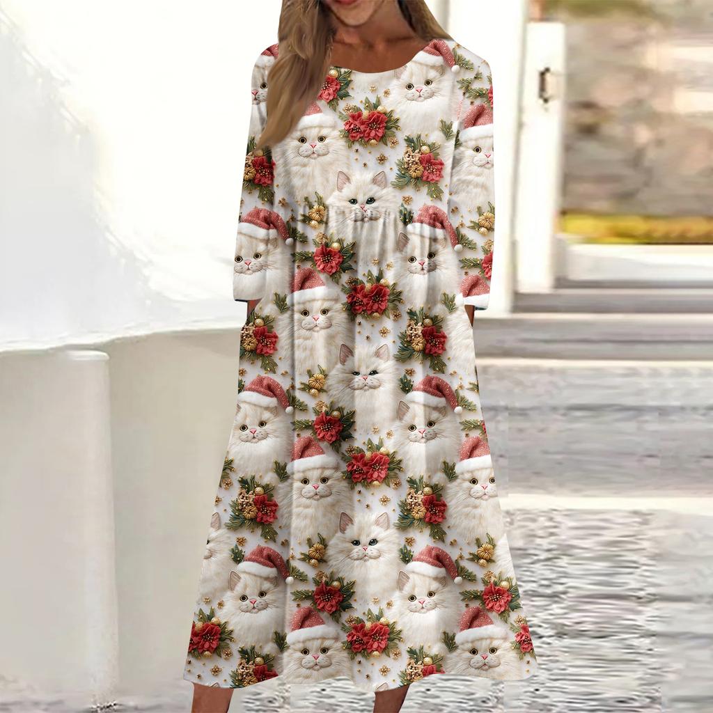 Női alkalmi kerek nyakú karácsonyi mintás midi ruha hosszú ujjú zsebes ruha