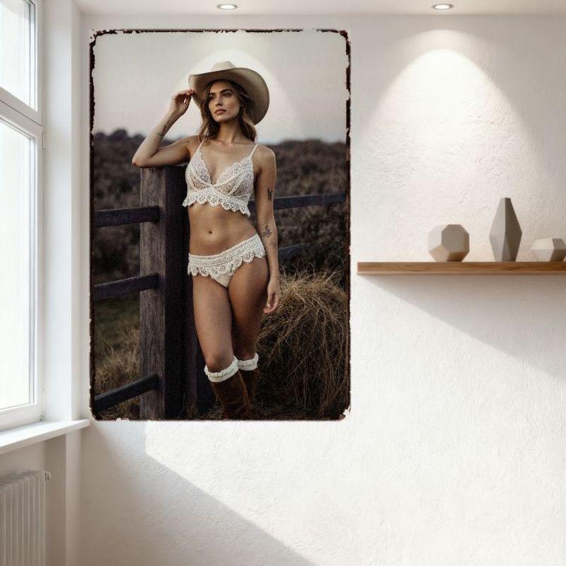 Sexy Vintage Cowgirl Metal Tin Sign Rustic Field Hay Bales Wooden Fence Outdoor Wall Decor for Bar Home Cafe, 8x12 Inch