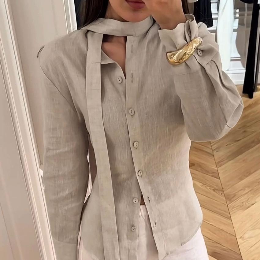 Elegant Women's Lace-Up Woven Shirt - Spring/Autumn French Casual Style
