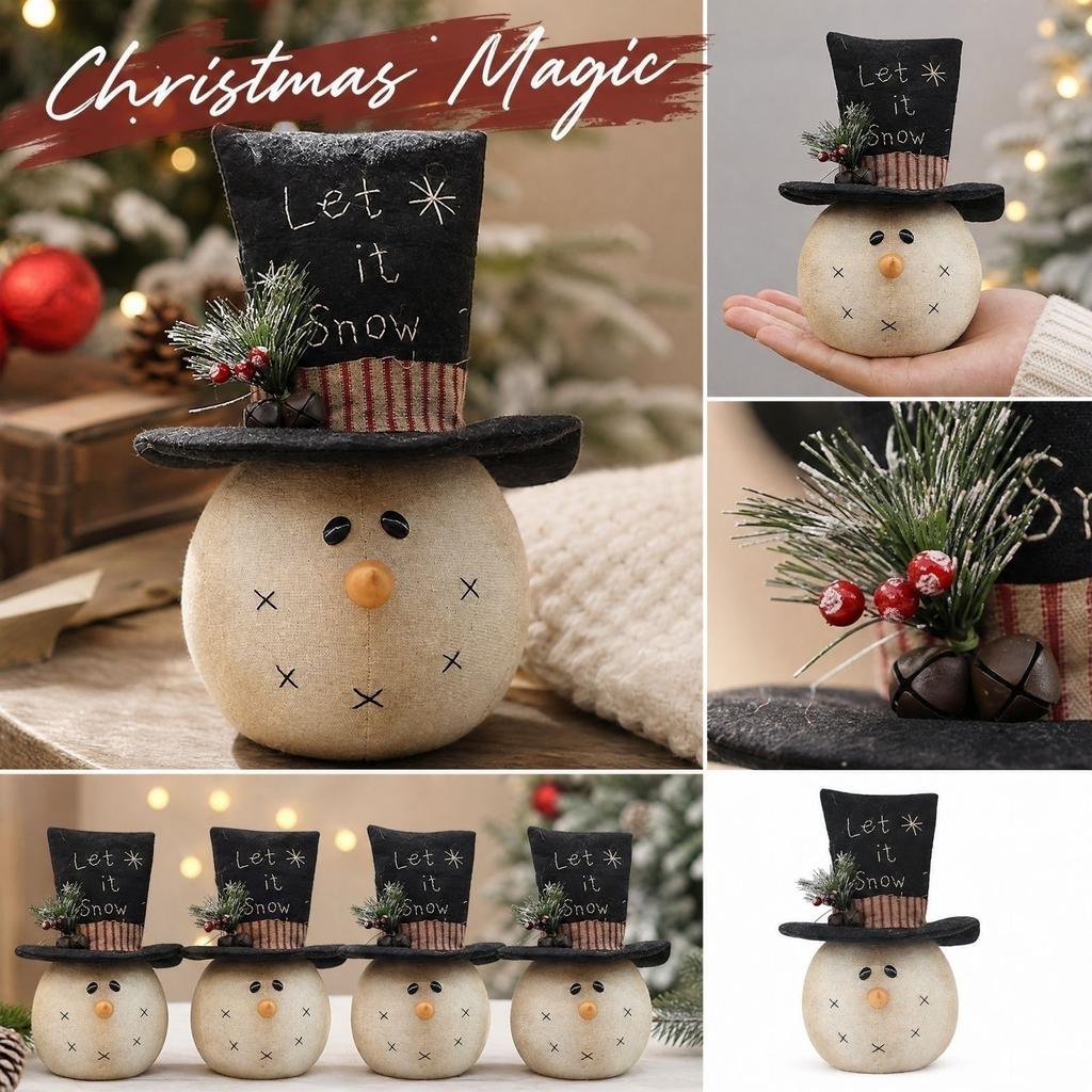 Christmas Fabric Snowman Doll with Vintage Hat, Tabletop Figure Ornament - 501A