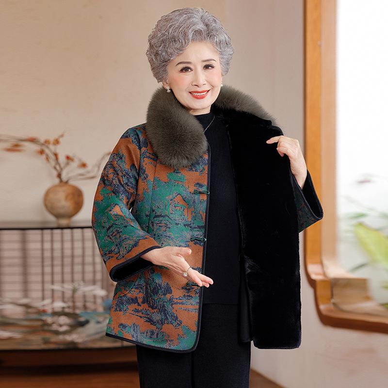 Chinese National Style Fur-Collared Winter Jacket for Middle-Aged and Elderly Women