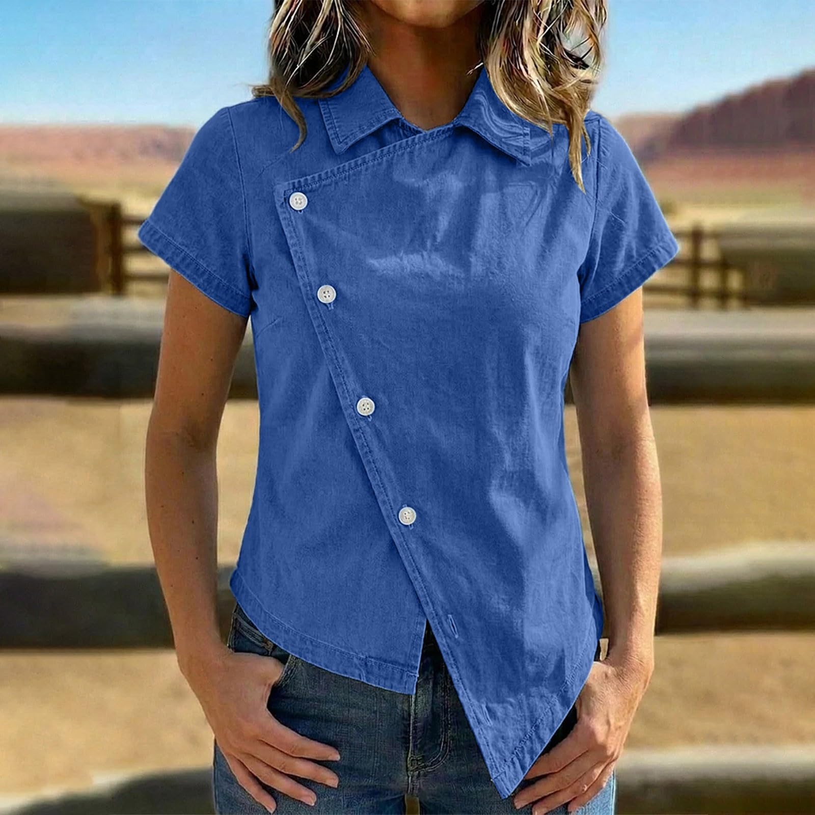 Women s Casual Short Sleeve Asymmetrical Button Down Shirt - Mandarin Collar L