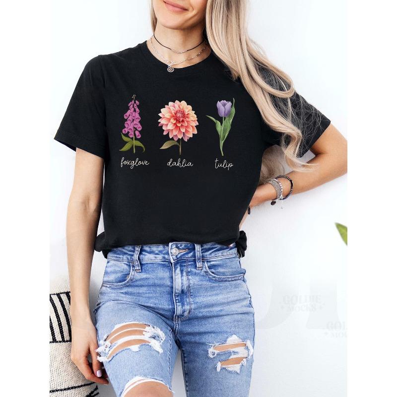 

Women s White Floral T-Shirt - Forget-Me-Not Dahlia Tulip Short Sleeve Blouse, Casual All-Season Top with Vibrant Botanical Print 4XL чорний