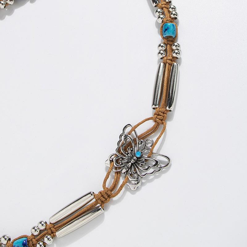 New Boho Style Butterfly Silver Beads Weaving Knotted Ethnic Style Handmade Women's Belt Casual Vacation Style Waist Rope