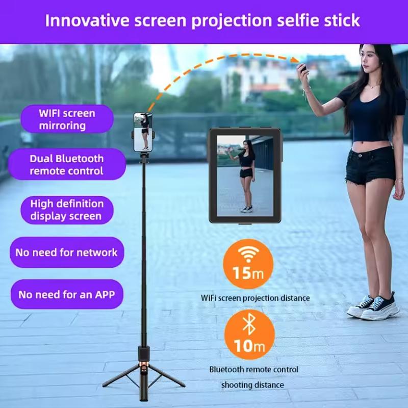 Kabelloser Selfie-Stick-Stativständer mit kleinem Bildschirm-Casting-Selfie-Monitor Bluetooth-Fernbedienung für Smartphone-Selfie