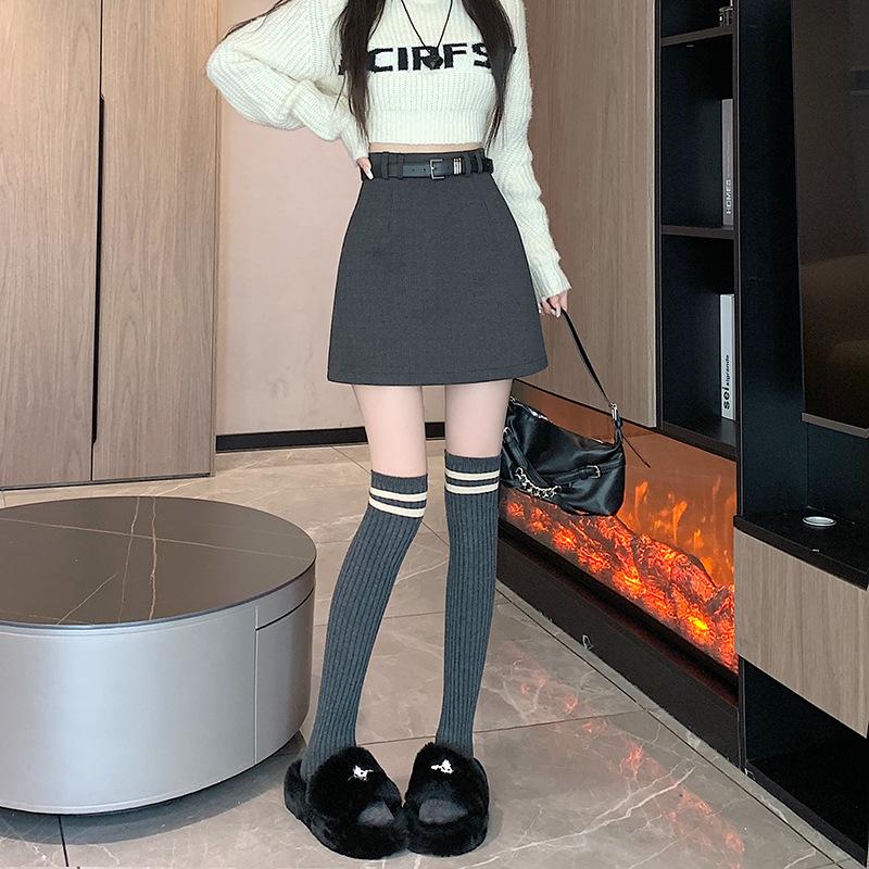 Spicy Girl High-Waisted Woolen A-Line Skirt - Gray Petite Midi for Autumn/Winter XS серый