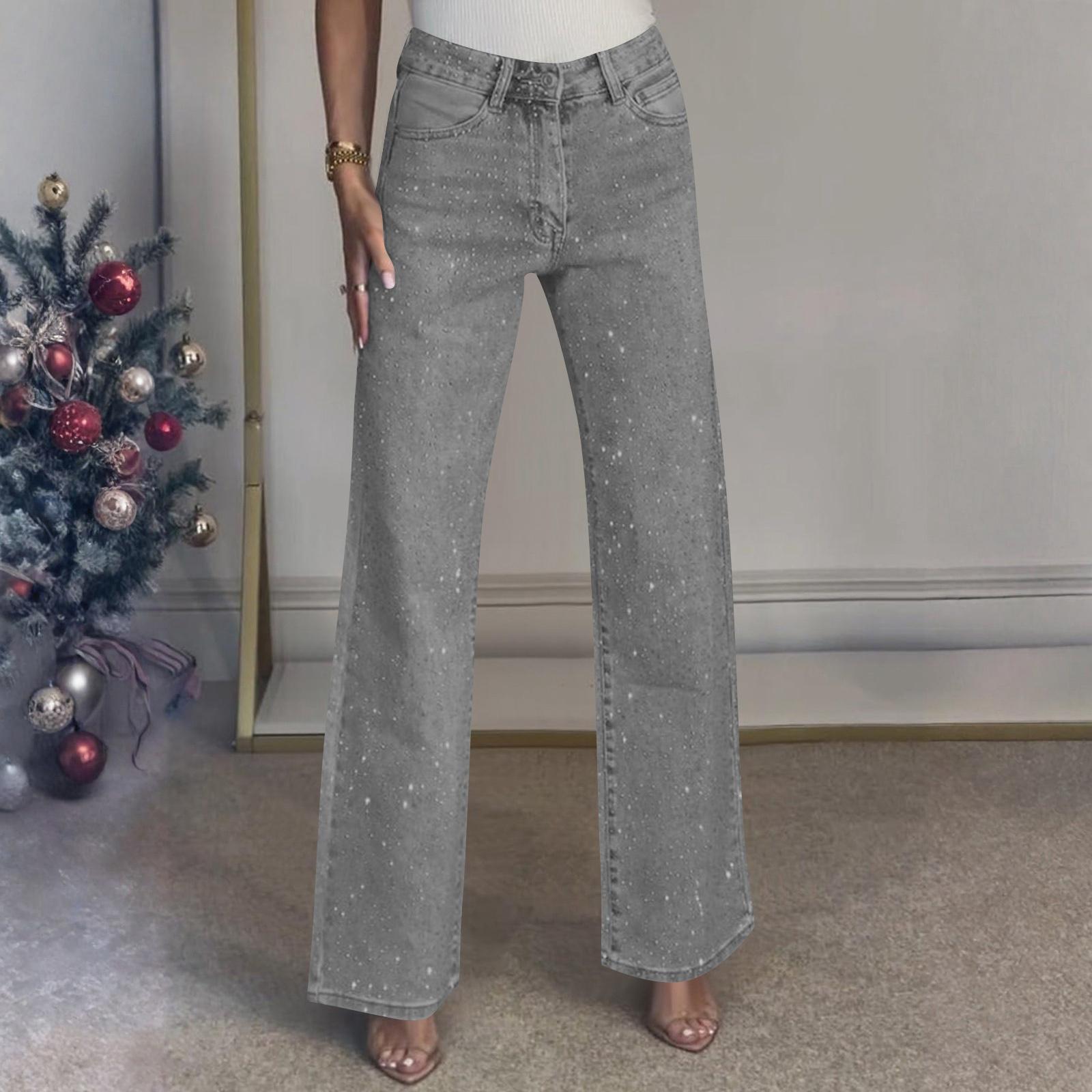

Womens Rhinestone Jeans High Waisted Straight Wide Leg Sparkly Denim Pants XL синій