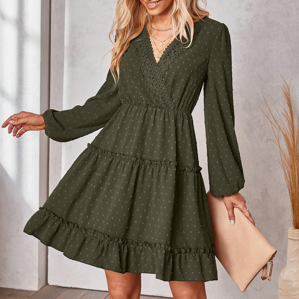 Vestido con cuello en V de manga larga y temperamento informal a la moda para mujer