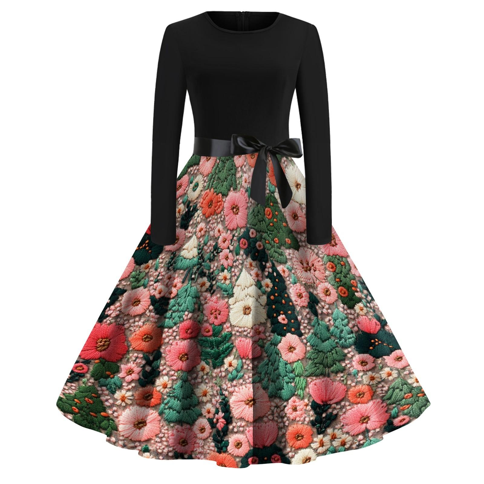 

Женское рождественское платье с круглым вырезом и большим подолом, плиссированная юбка с длинными рукавами S розовый