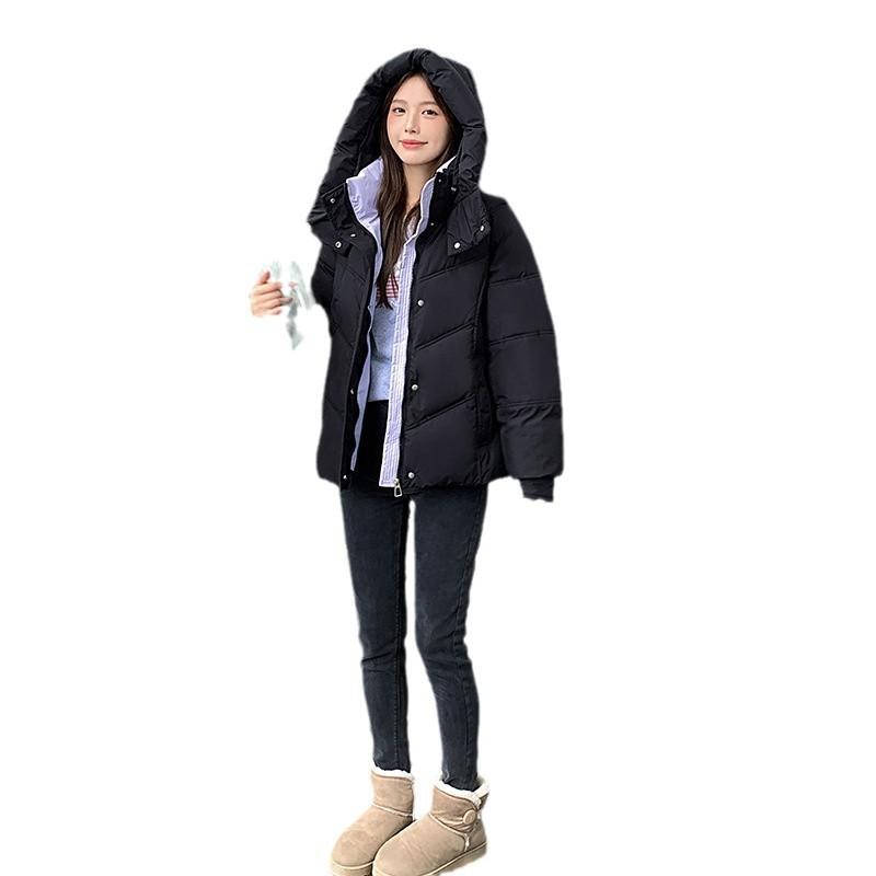 Down women's short 2024 winter new thickened small hooded contrasting white duck down bread jacket