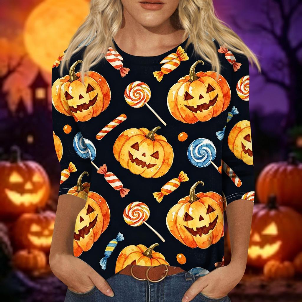 Women's Casual 3/4 Sleeve Halloween Graphic Top Crew Neck Printed Shirt Lightweight Comfortable Fit