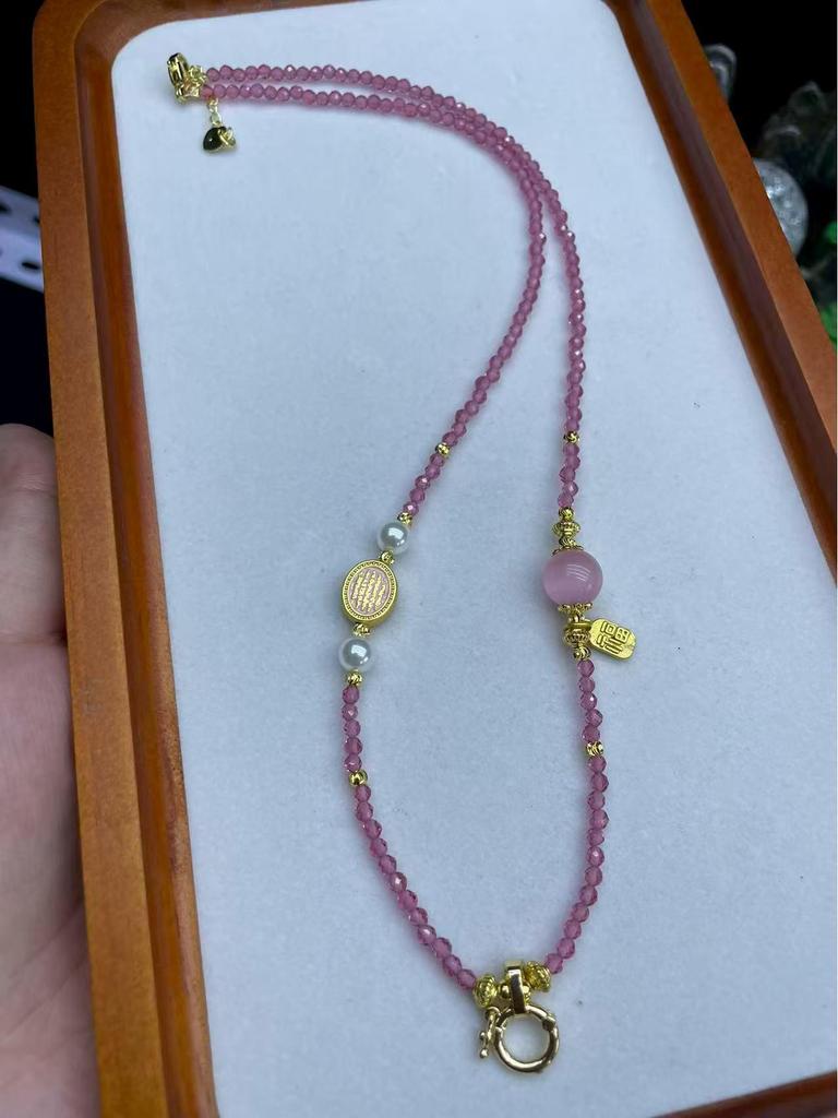 Thailand Jade Amulet Necklace with Crystal Beads and Thangka Pendant