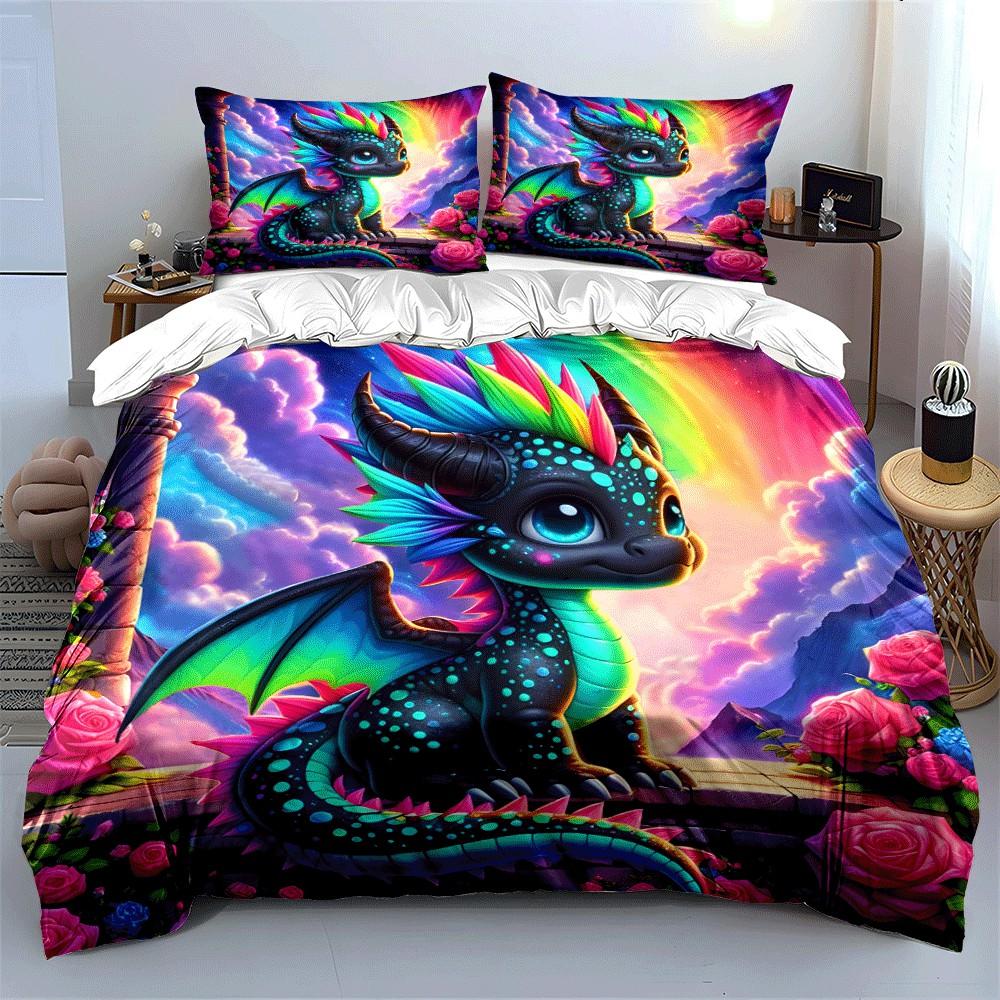 "Vibrant Dragon Fantasy Decor Set" Exquisite Three-Piece Bedding Set Gift For Kids And Adults