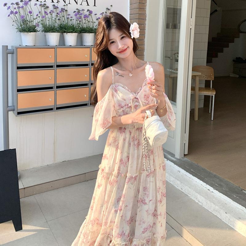 

Огромное красивое платье с открытыми плечами и рукавами-лепестками лотоса с цветочным принтом для женского лета, новое фееричное развевающееся платье на бретелях XL