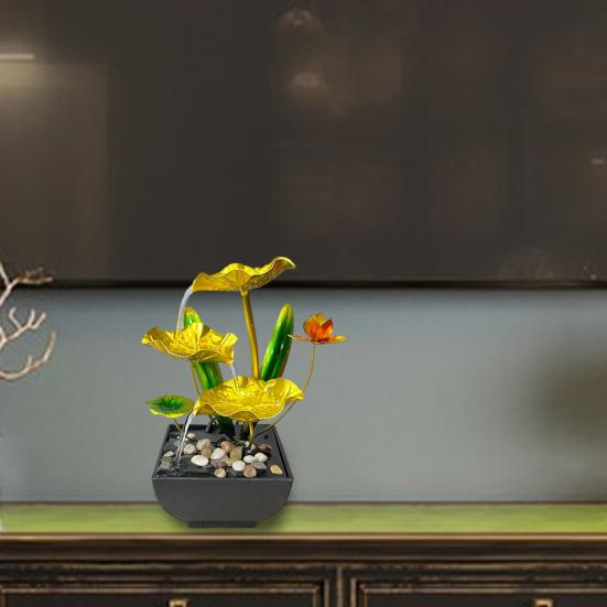 Golden Lotus Leaf Fountain Decoration 3-Tier Indoor Flower Leaves Relaxation Waterfall Fountain Fish Tank Home Office Living Room Desktop Fengshui