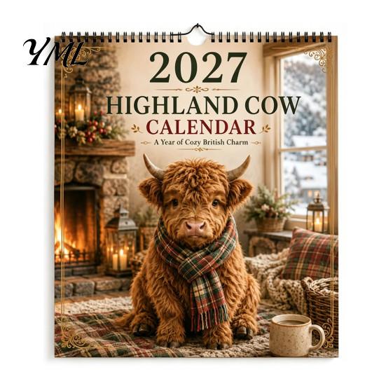 Cute Cow Theme Calendar 2027 Highland Seasons Calendar, 12-Month Desk Planner with Art, Desktop Appointment Thick Paper Daily Organizer for