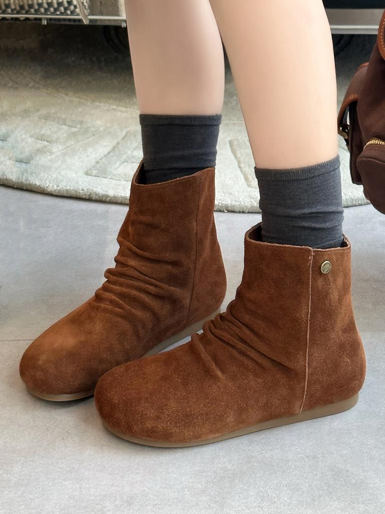 Cowhide Version~ Retro Style New Pleated Matte Leather Inner Height Increase Western Boots Women's Versatile Round Head Looks Thin