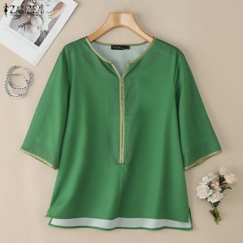 ZANZEA Women Casual V-Neck 3/4 Sleeve Loose Print Blouse