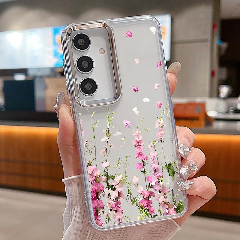 Floral Pattern Case For Samsung S26 S25 Ultra S24 FE S23 Plus S22 S21 A15 A16 A17 A35 A36 A37 A54 A55 A56 A57 5G Plating Lens Soft Cover