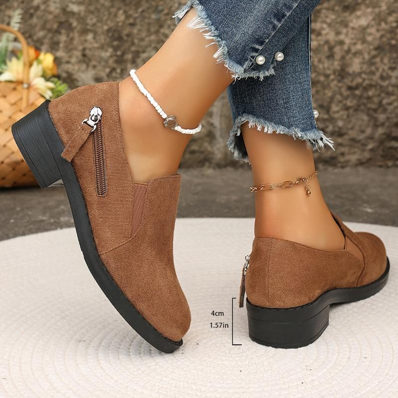 Women's Comfortable Slip-On Loafers - Soft Sole, Breathable Fabric, All-Season Brown Flats with Side Zipper Detail and Rubber Sole