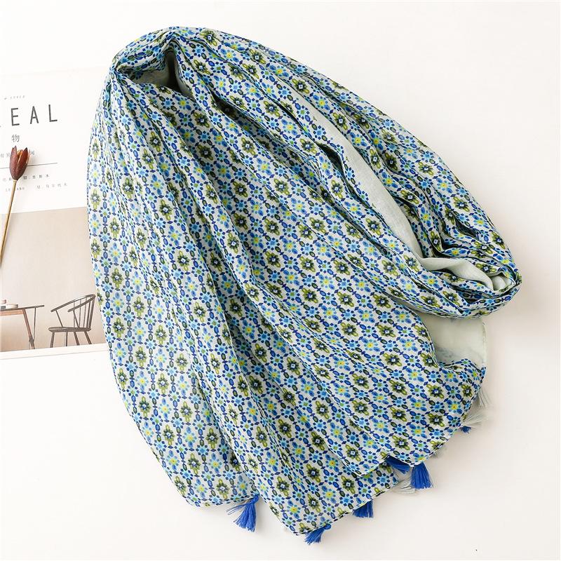 Scarf Female Retro Ethnic Style Bohemian Balinese Yarn Blue Flower Travel Sunscreen Photo Shawl Silk Scarf Women