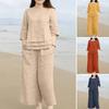 Women 2-Piece T-shirt Pants Set 3/4 Sleeve V Neck Tired Hem Loose Top Elastic Waist Side Trousers Outfit Tracksuit