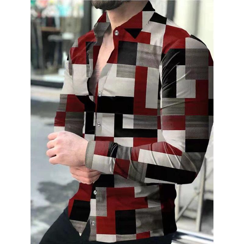 2026 Europa e Estados Unidos Nova Primavera Camisa Masculina de Manga Longa Camisa Plus Size Gradiente Slim Estampa Geométrica Camisa Casual