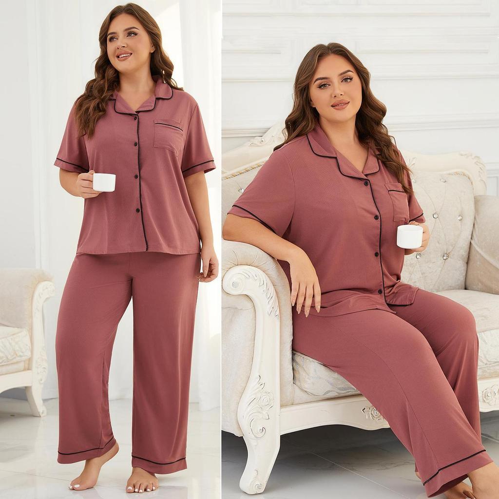 Women’s Oversized Sleeping Suits Short Sleeves Button Up Shirts Long Pants Loose Comfy Pajamas Spring Summer Night Sleep Wear