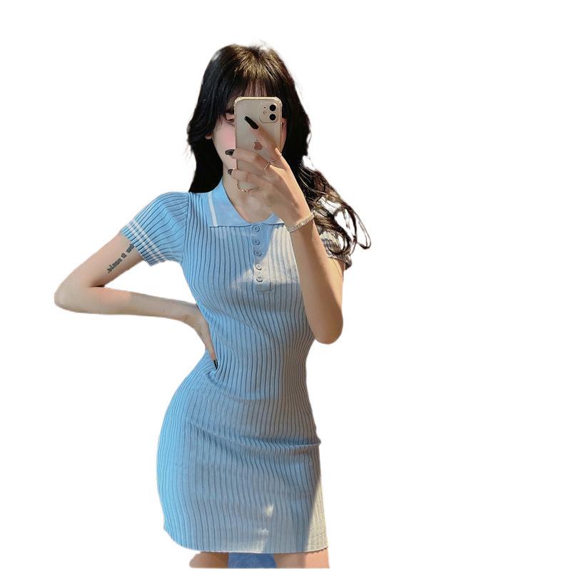Sweet Summer Polo Collar Knit Dress: Slimming Short Sleeve Hip-Hugging Style