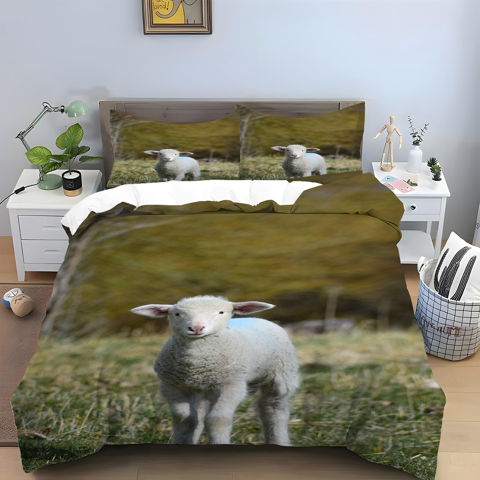 

Sheep Pattern Duvet Cover Sets for Kids Animal Pattern Bedding Set 1 Quilt Cover 2 Pillowcases Duvet Covers Set Queen King Size (135x200cm)