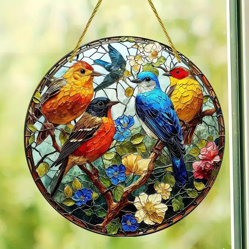 NEW Acrylic Painted Hummingbird Pendant Bird Floral Pattern Suncatcher Round Wreath Porch Window Outdoor Patio Hanging Ornaments